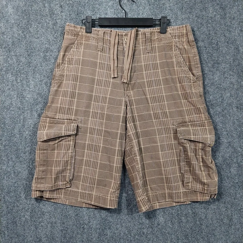 Urban‎ Pipeline Cargo Shorts Mens 33 Brown Plaid Cotton Drawstring Baggy Y2K